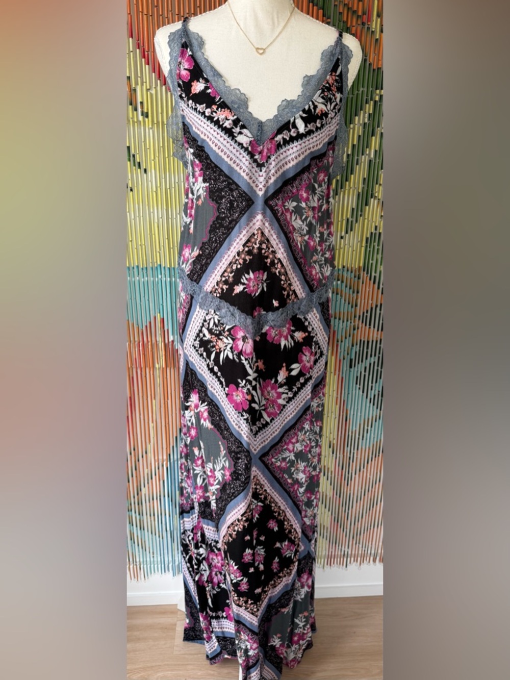 Free People Black Floral Maxi Dress with Pink Accents